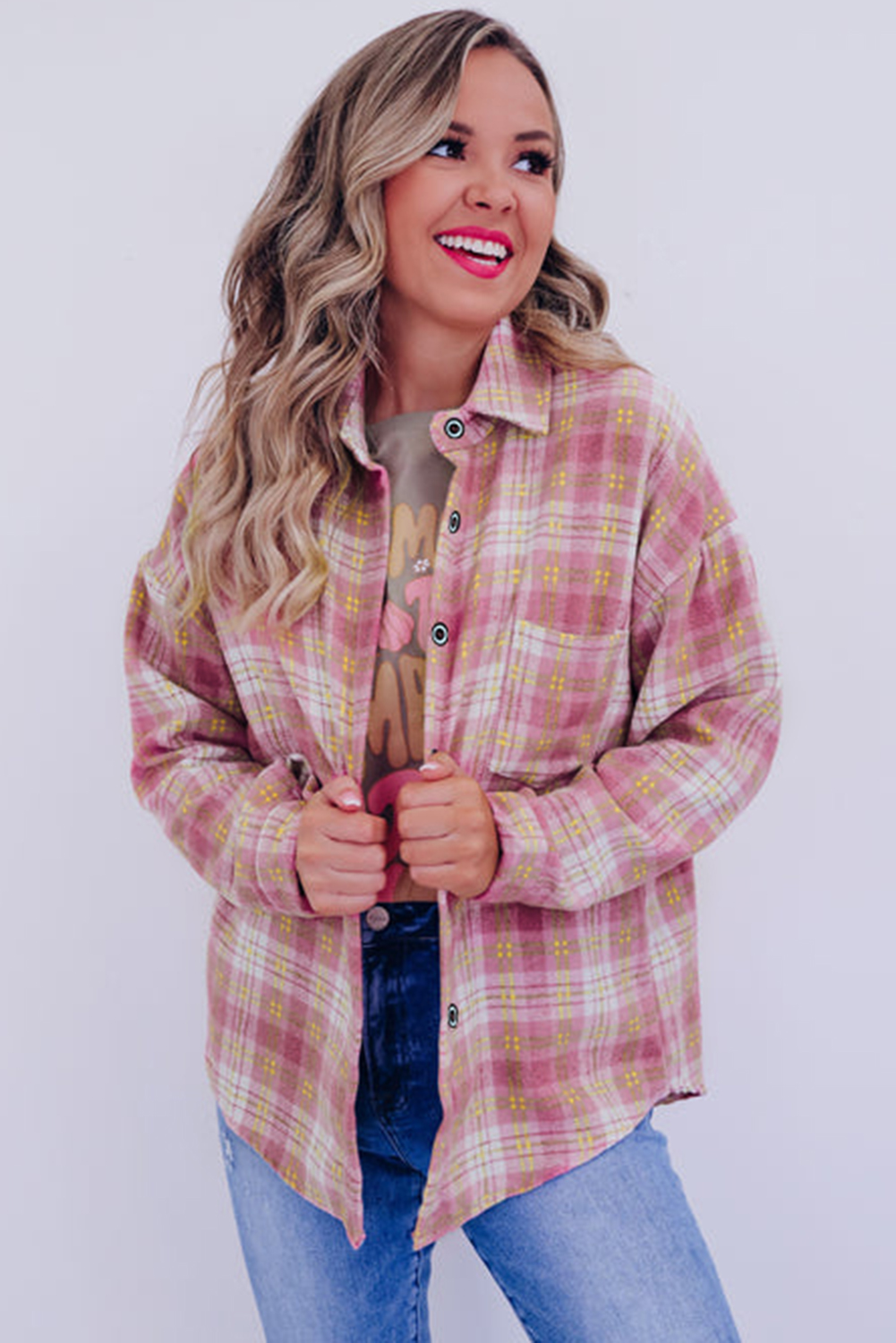 Pink Plaid Print Chest Pocket Long Sleeve Shacket - loveforevers