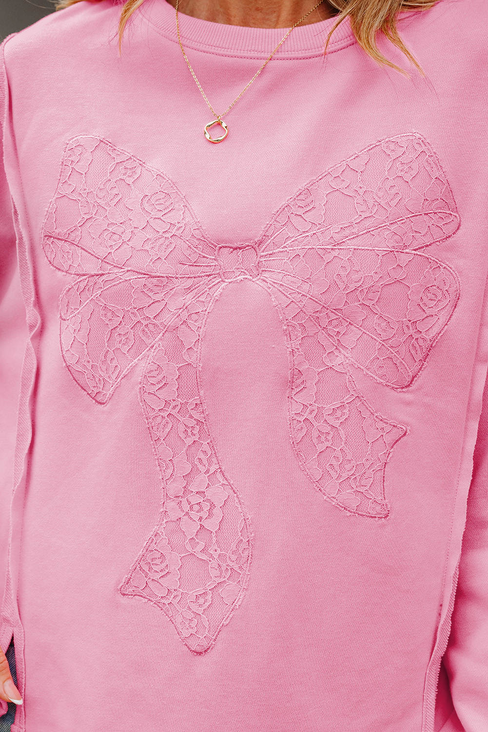 Bonbon Lace Insert Bow Embroidered Exposed Seam Sweatshirt - loveforevers
