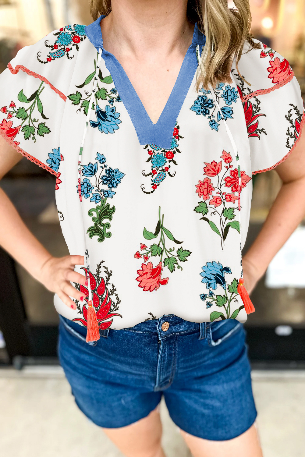 White Floral Print Contrast V Neck Tassel Tie Lace Detail Short Sleeve Blouse - loveforevers