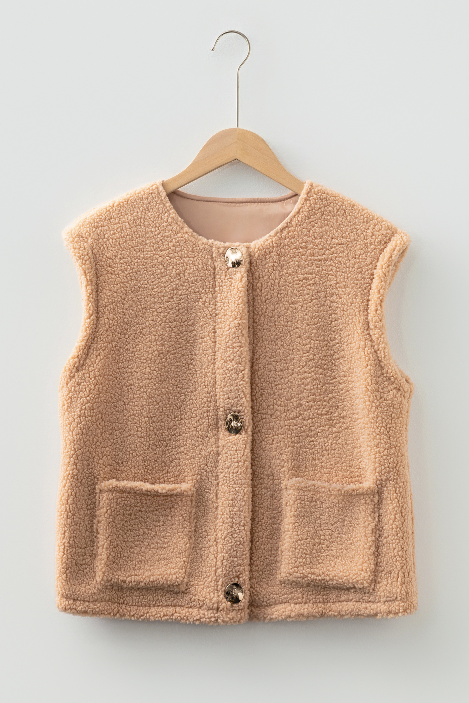Light French Beige Big Button Accent Fuzzy Pocket Vest - loveforevers