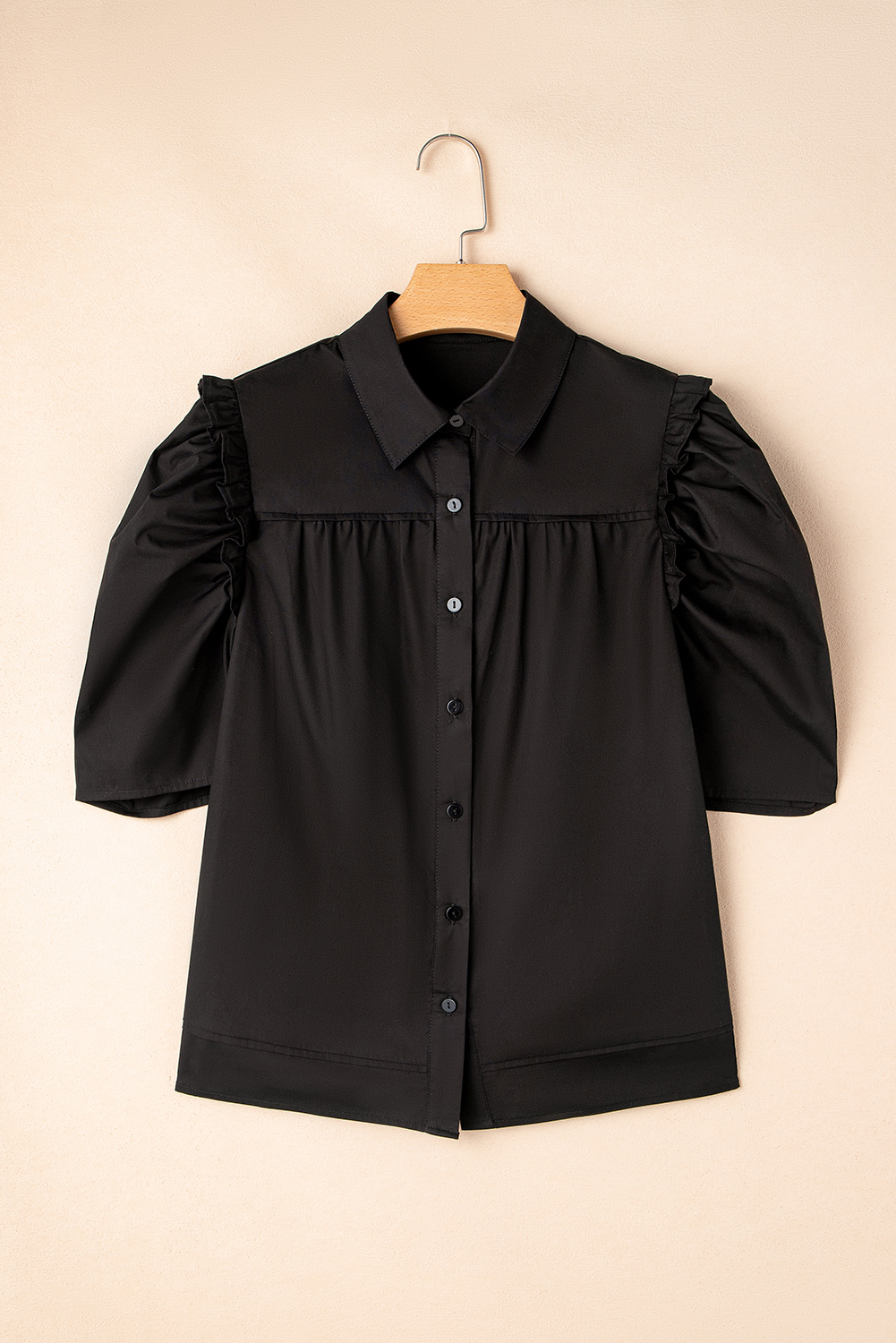 Black Frilly Puff Sleeve Stylish Collared Shirt - loveforevers