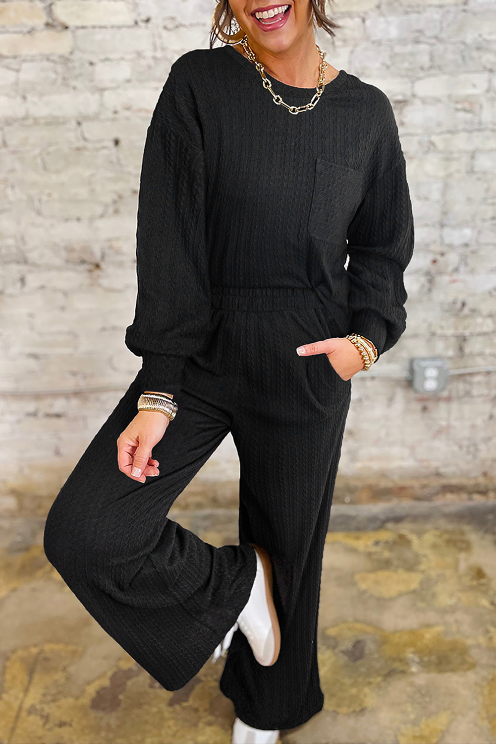 Black Textured Chest Pocket Long Sleeve Top 2Pcs Pants Set - loveforevers