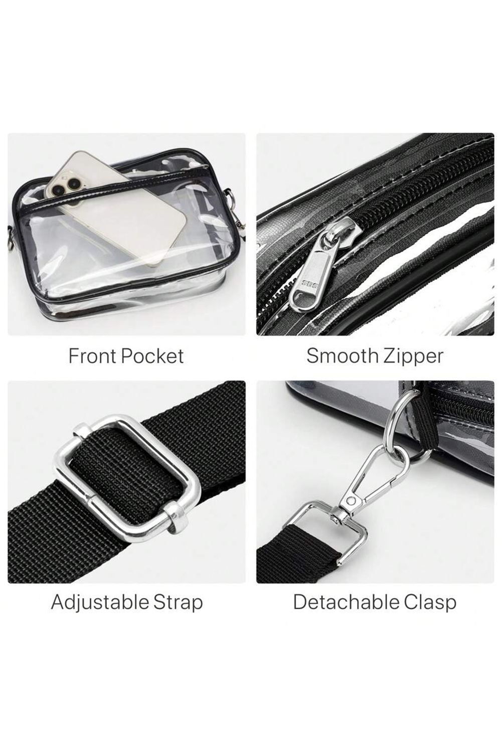 Gray Multi-Pocket Contrast Edge Detachable Strap Clear Shoulder Bag - loveforevers