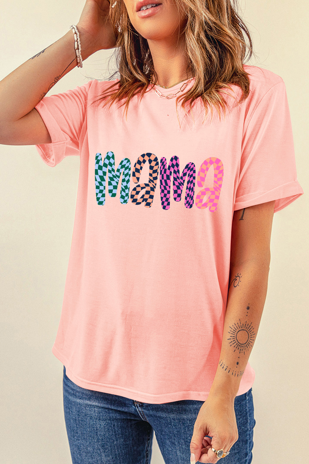 Pink Checkerboard mama Printed Crew Neck Tee - loveforevers