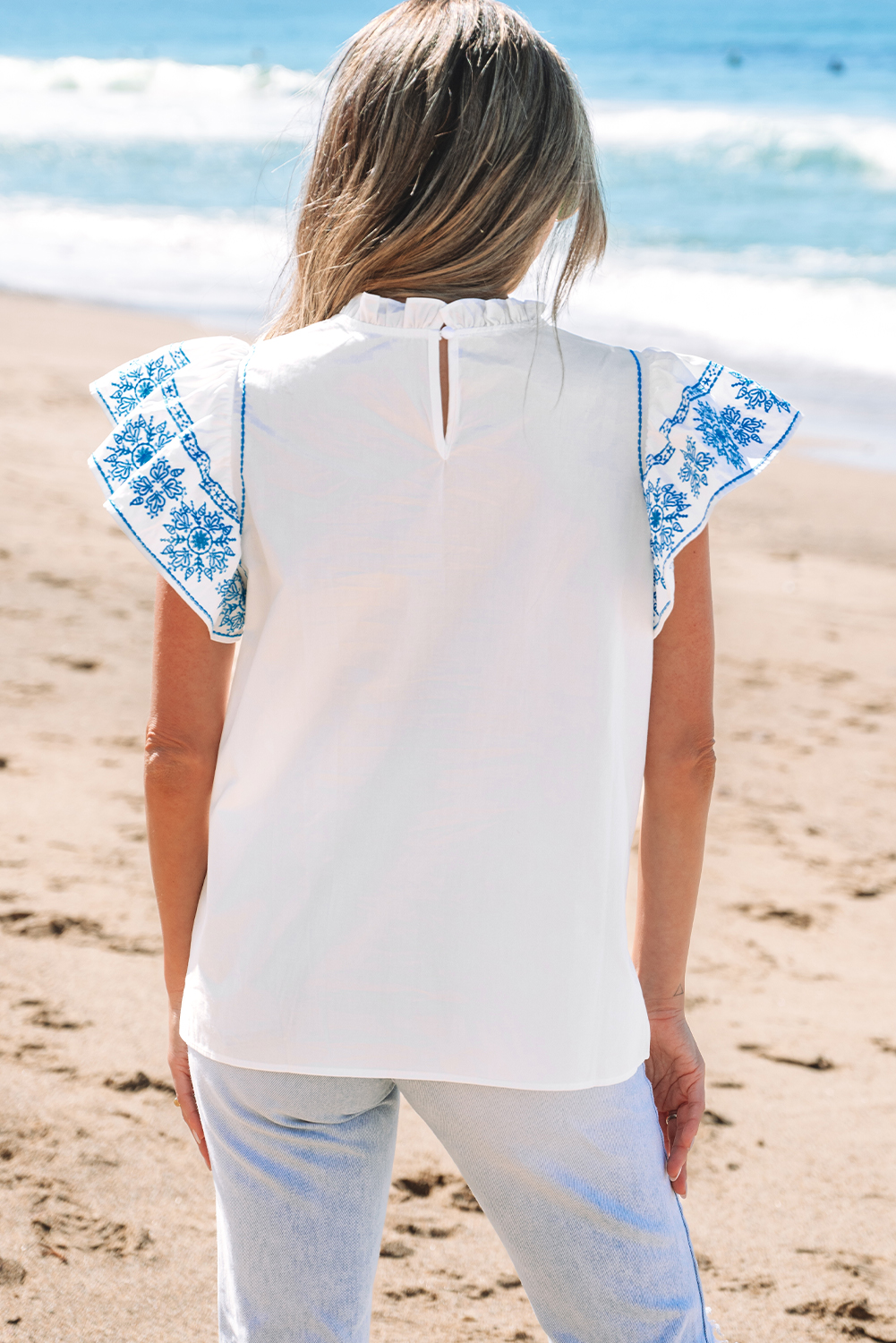 White Embroidered Ruffled Sleeve Frilled Collar Blouse - loveforevers