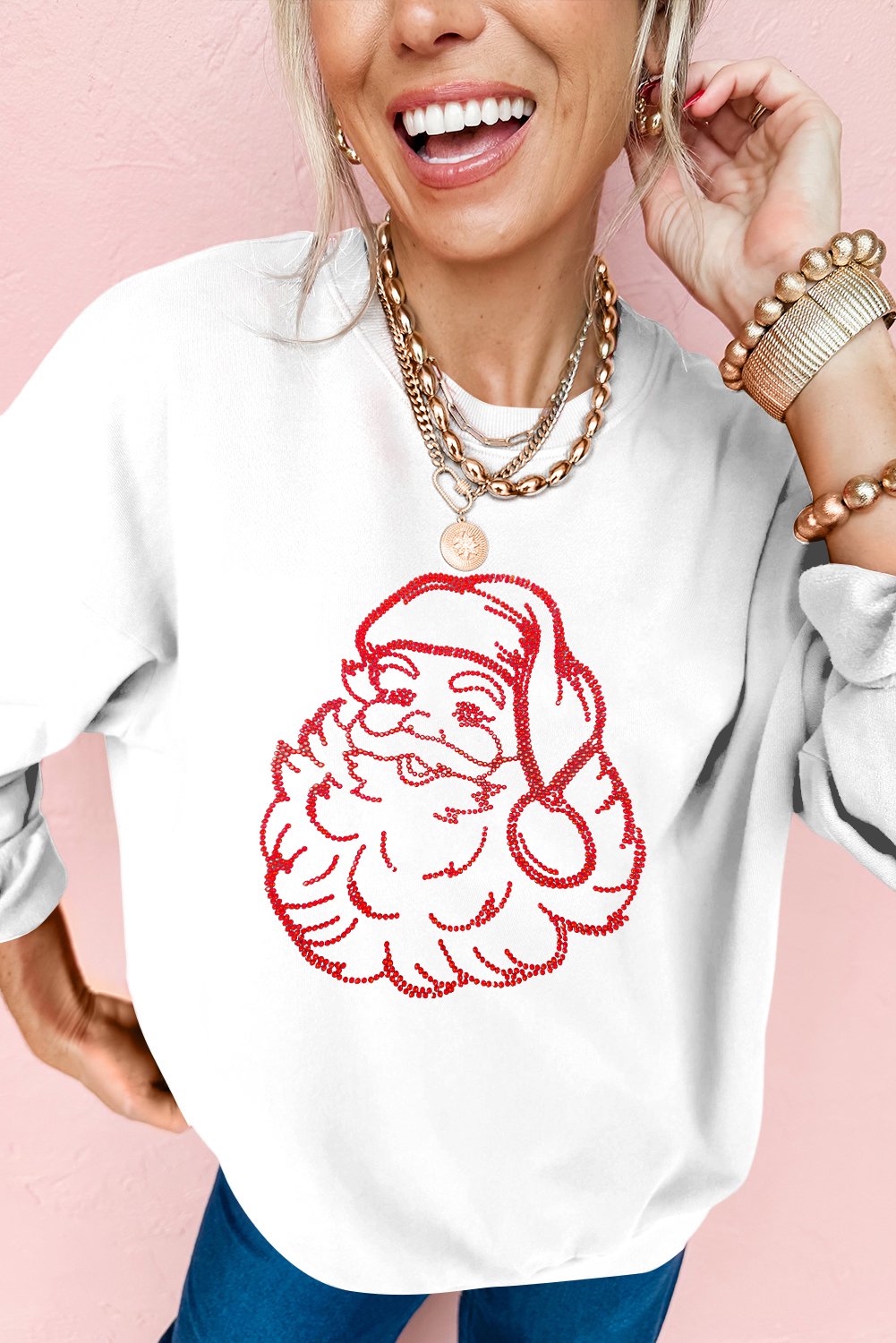 White Father Christmas Rhinestone Graphic Drop Shoulder Sweatshirt - loveforevers