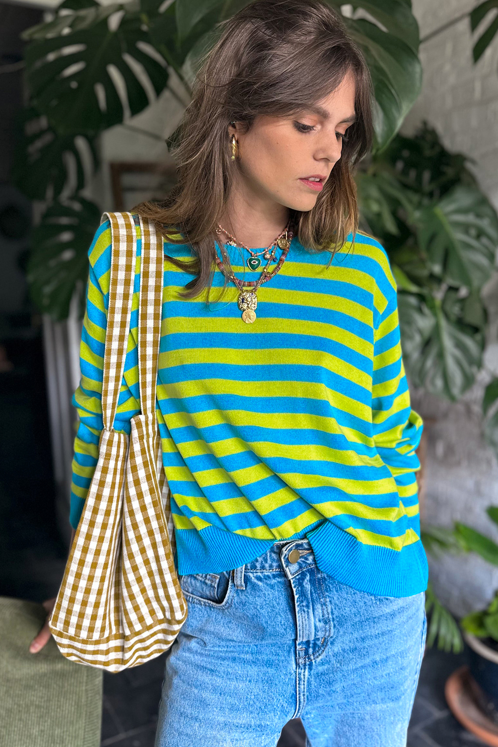 Green Stripe Crew Neck Drop Shoulder Casual Sweater - loveforevers