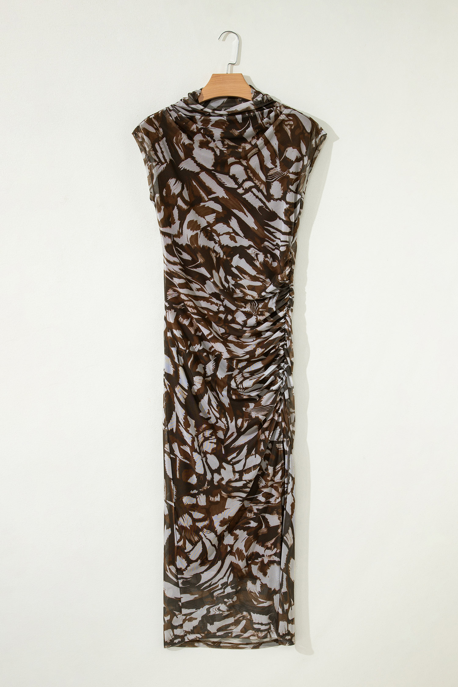 Brown Abstract Print Mesh Cowl Neck Cap Sleeve Ruched Midi Dress with Slit - loveforevers