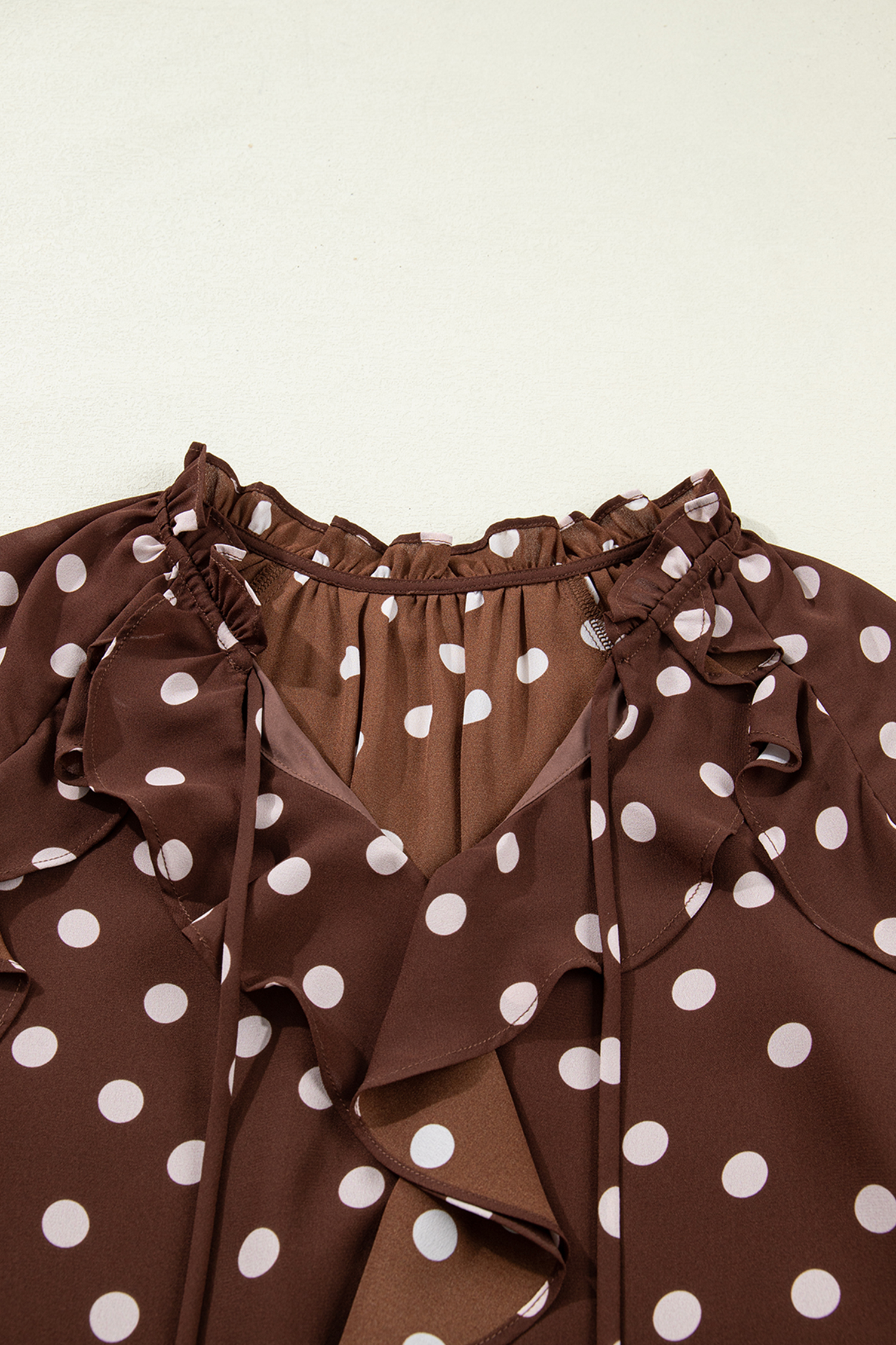 Coffee Polka Dot Print Ruffle Trim V Neck Long Bell Sleeve Blouse - loveforevers