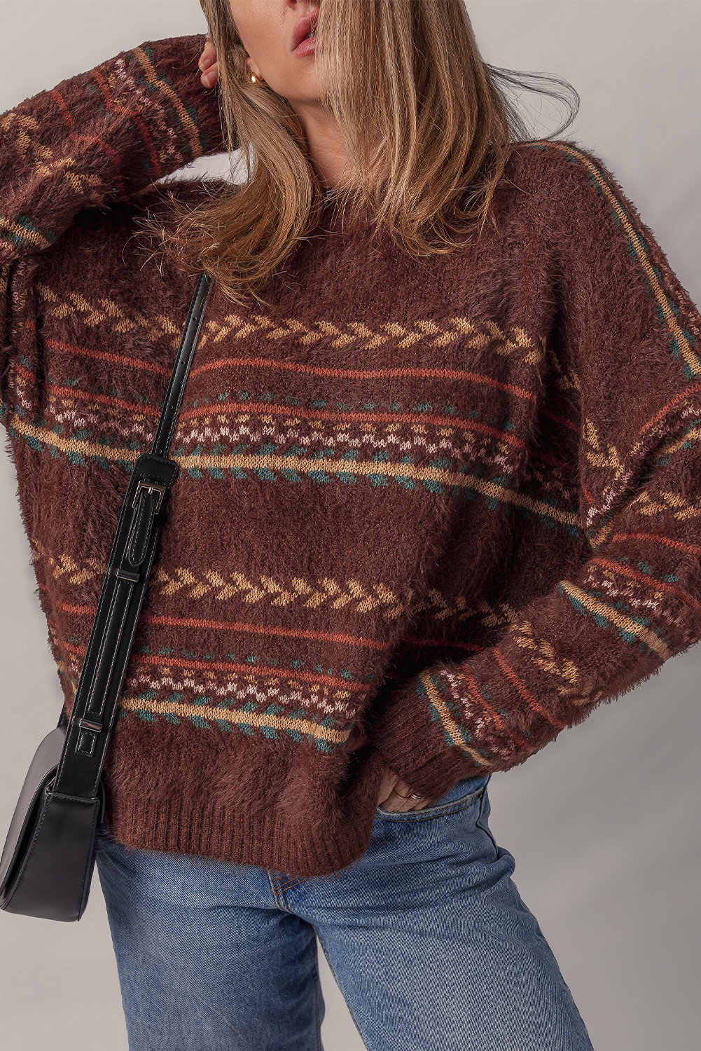 Brown Ethnic Pattern Mohair Knitted Drop Shoulder Sweater - loveforevers