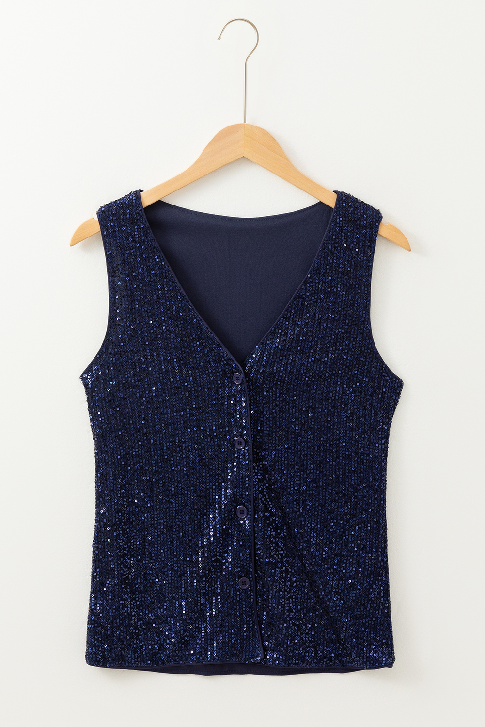 Dirty blue Sequined Deep V Neck Buttoned Tank Top - loveforevers