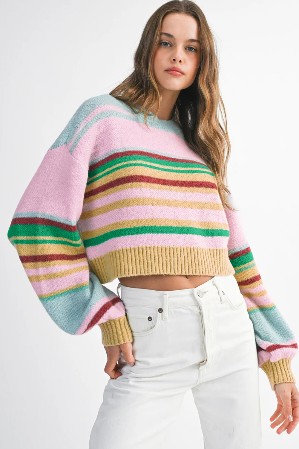 Multicolour Striped Knit Ribbed Trim Boxy Fit Cropped Sweater - loveforevers