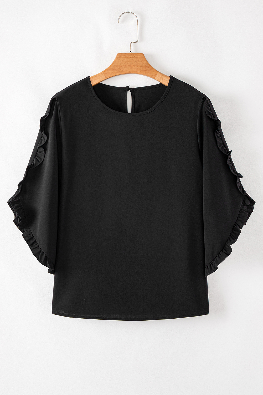 Black Ruffle Trimmed 3/4 Sleeve Round Neck Blouse - loveforevers
