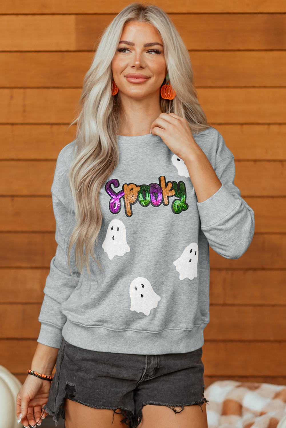 Gray Spooky Halloween Ghost Sequin Patched Sweatshirt - loveforevers