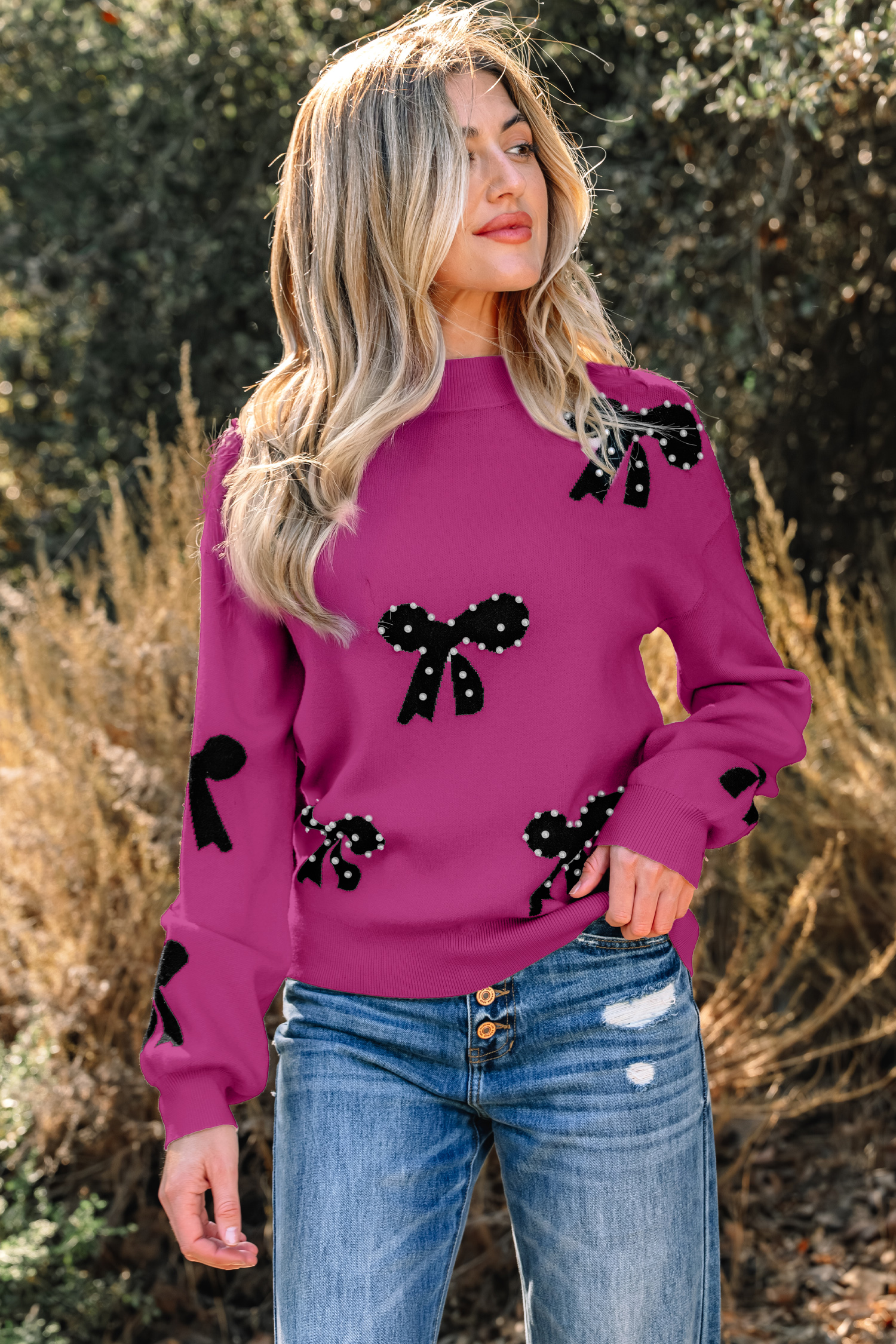Bright Pink Pearl Embellished Bow Pattern Loose Sweater - loveforevers