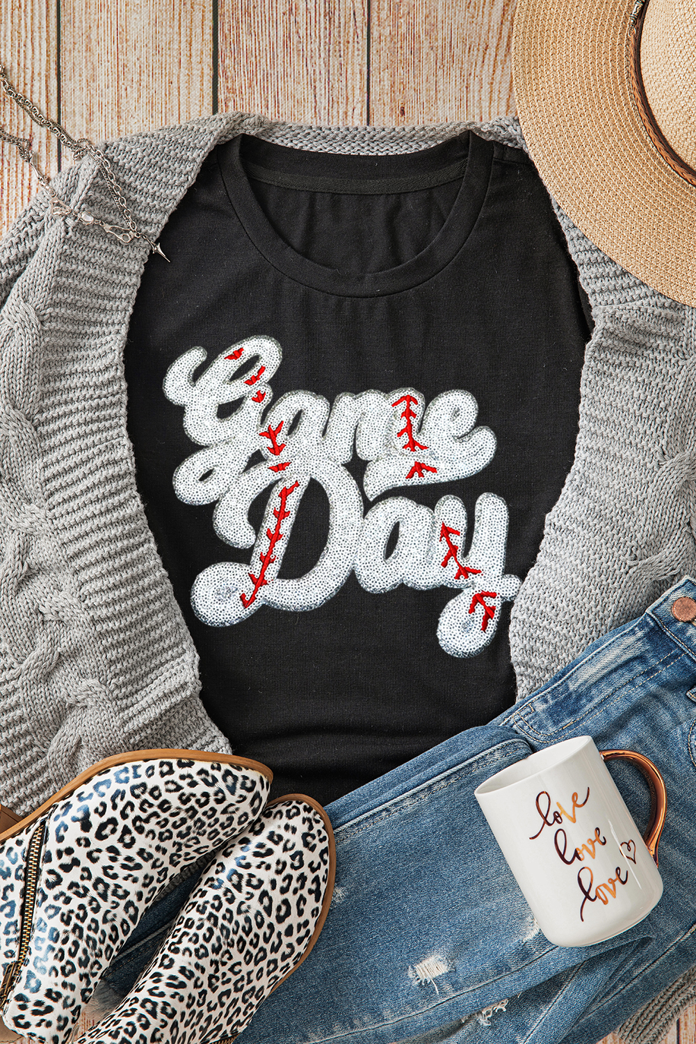 Black Sequin Game Day Graphic Crew Neck Tee - loveforevers