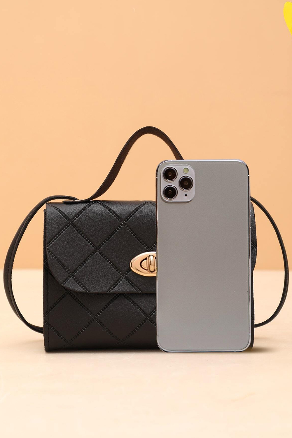 Black PU Leather Diamond Pattern Messenger Bag - loveforevers