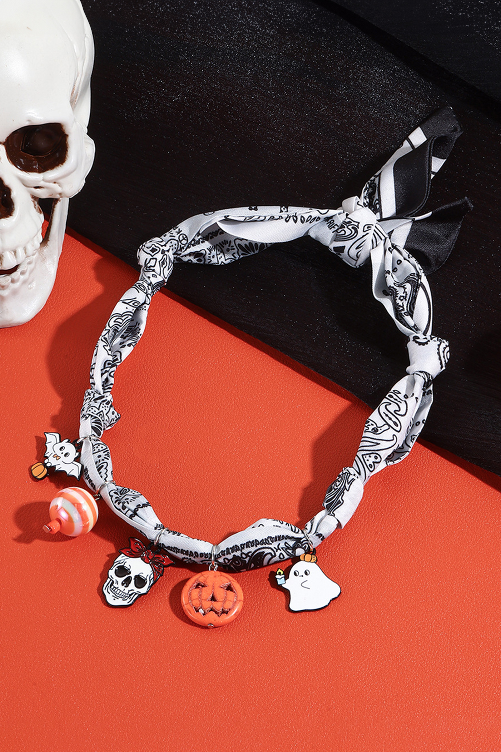 White Boho Printed Knot Scarf Halloween Pumpkin Ghost Charm Necklace - loveforevers