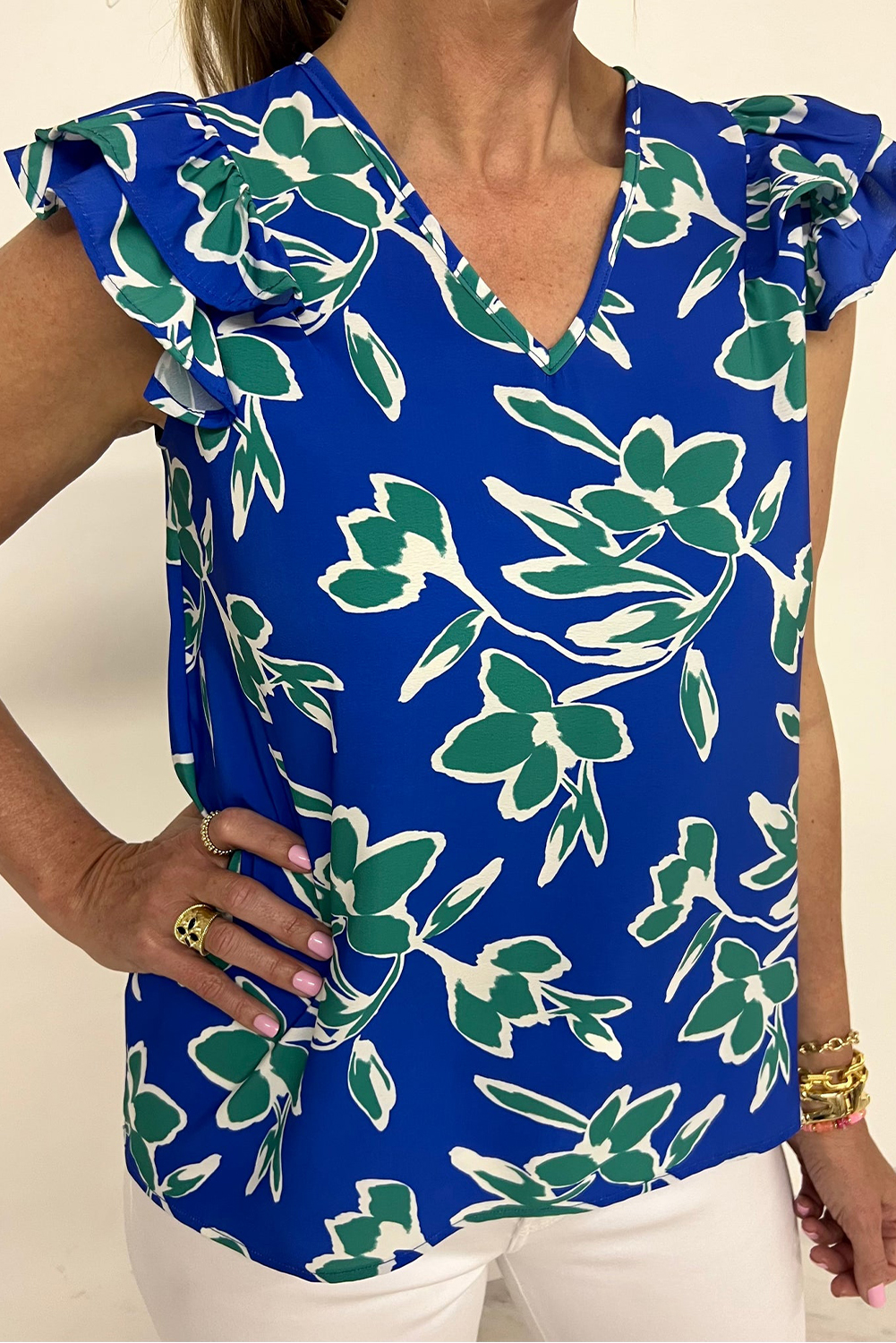 Blue V Neck Floral Print Double Ruffled Short Sleeve Blouse - loveforevers