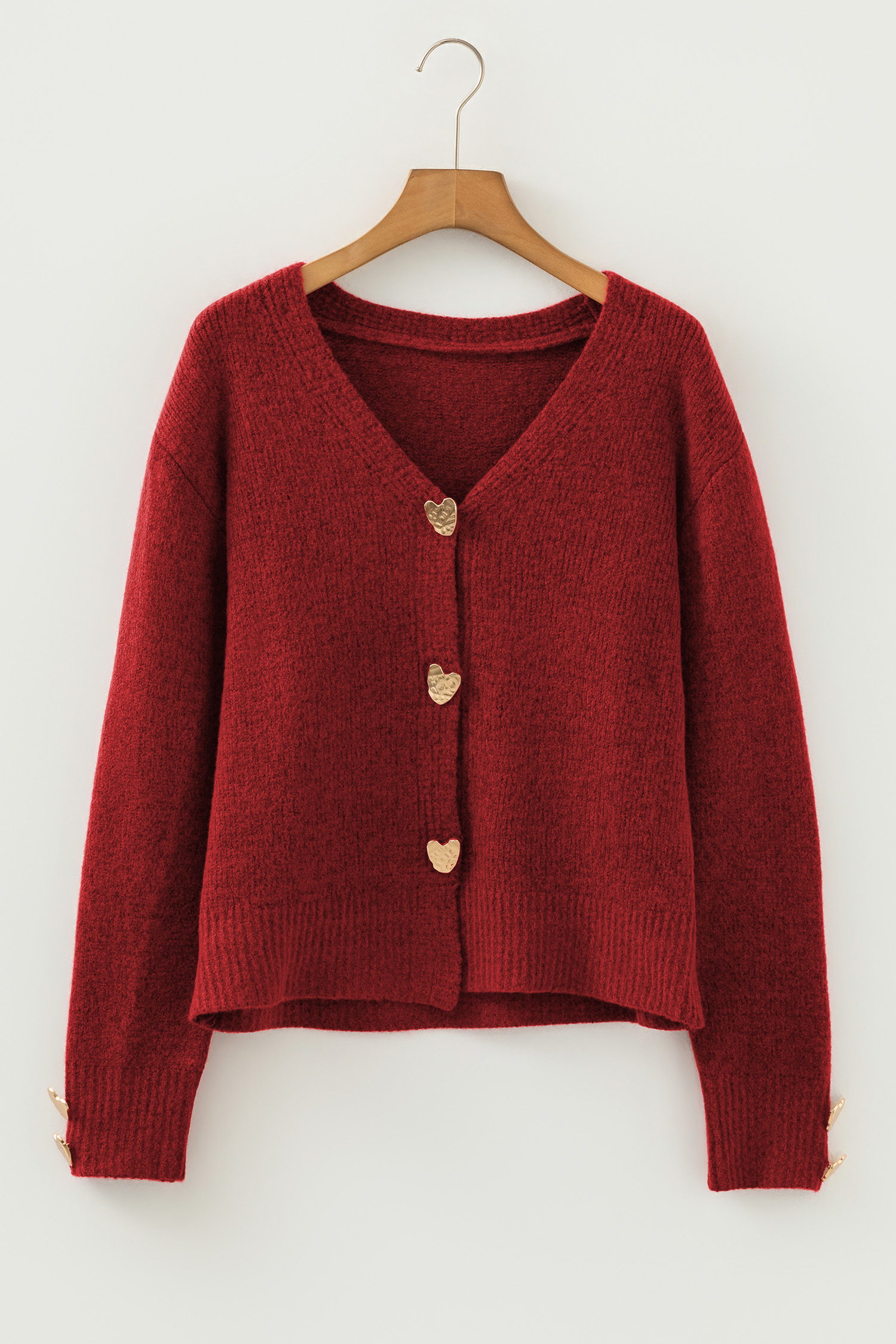 Fiery Red Heart Metal Button V Neck Cardigan Sweater - loveforevers