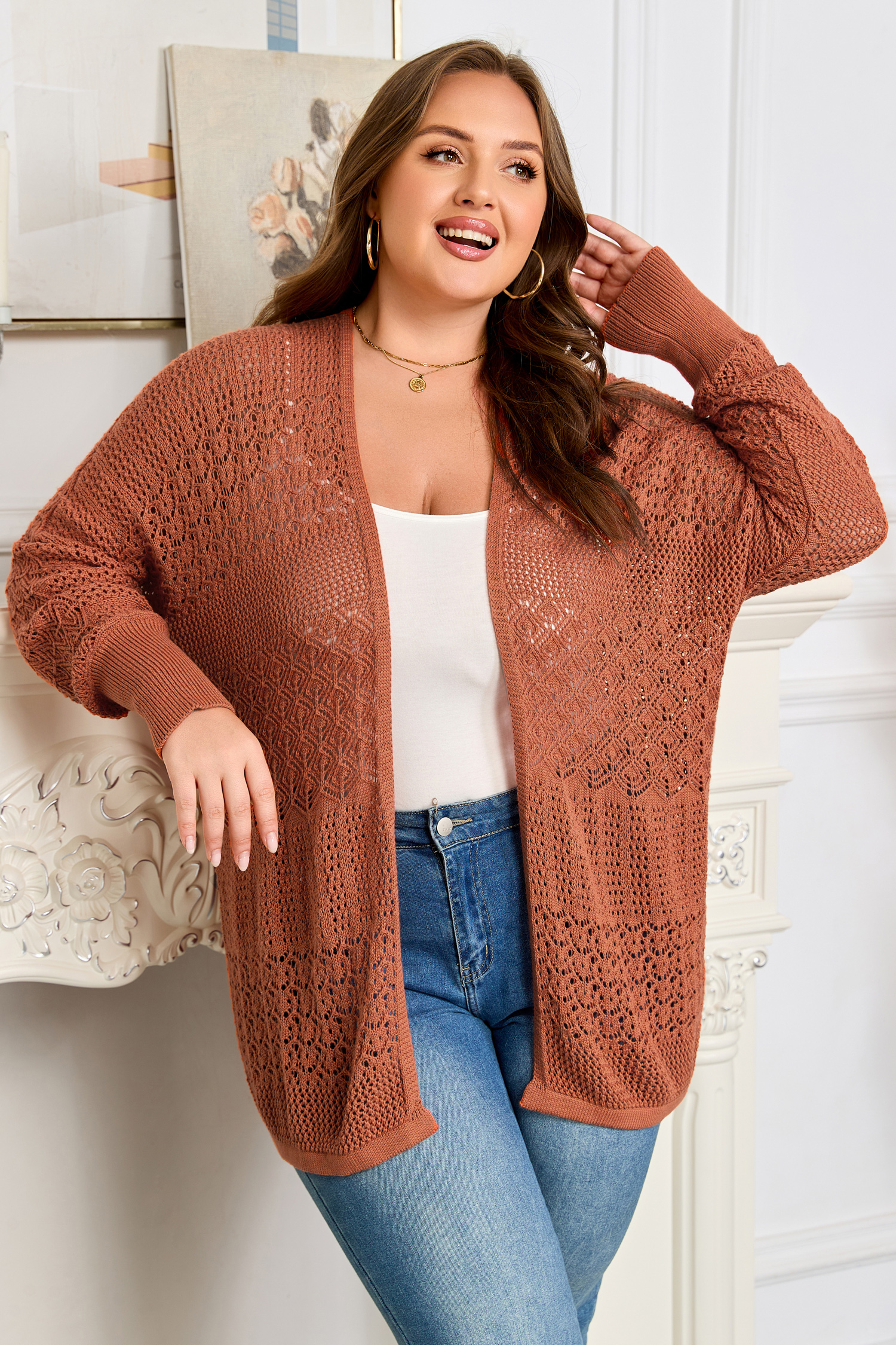 Redwood Burl Mixed Pattern Knitted Open Front Plus Cardigan - loveforevers