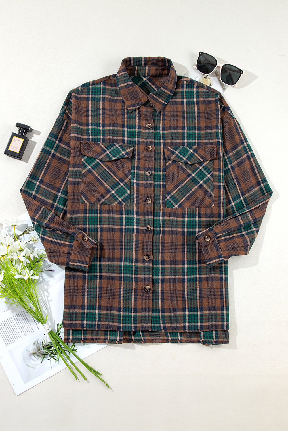 Brown Plaid Print Chest Pockets Buttoned Shirt Jacket - loveforevers
