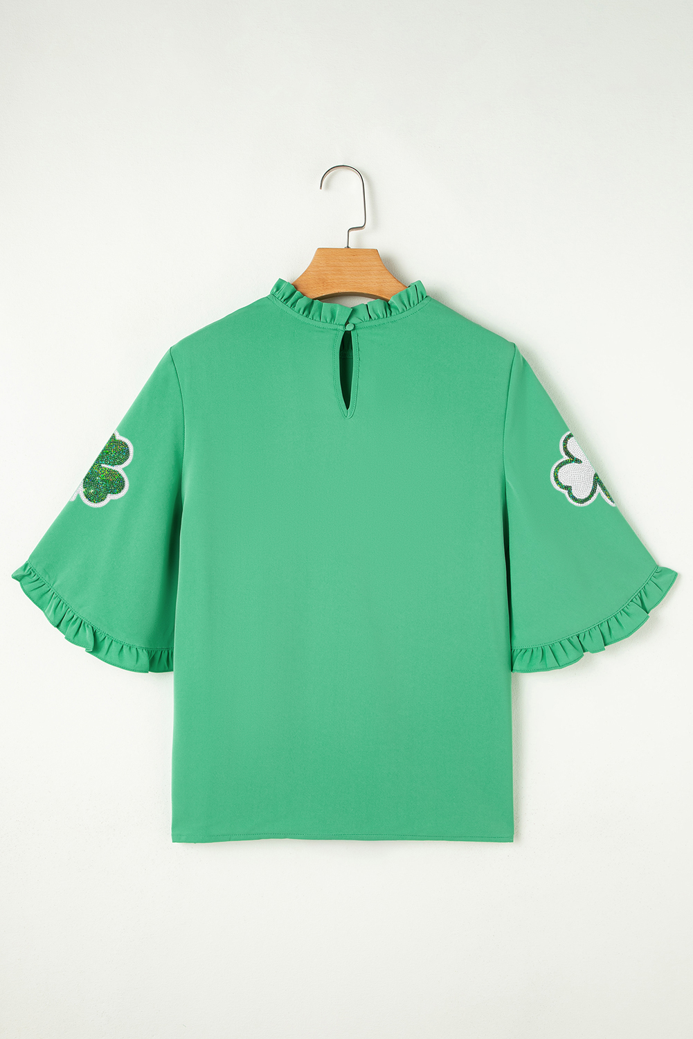 Green Sequin Clover Graphic Ruffled Trim Bell Sleeve St Patrick Blouse - loveforevers