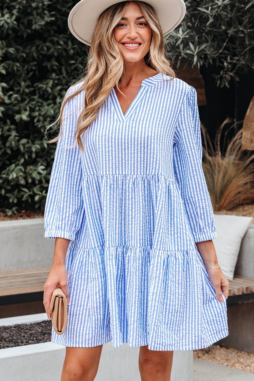 Sky Blue Stripe Bracelet Sleeve Tiered Shift Dress with Pockets - loveforevers