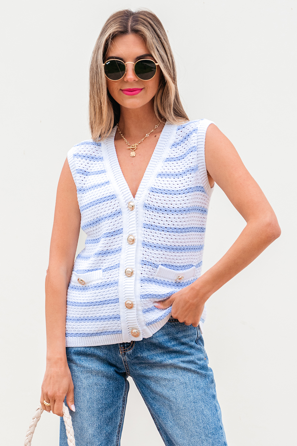 Sky Blue Stripe V Neck Gold Buttons Elegant Sweater Vest - loveforevers