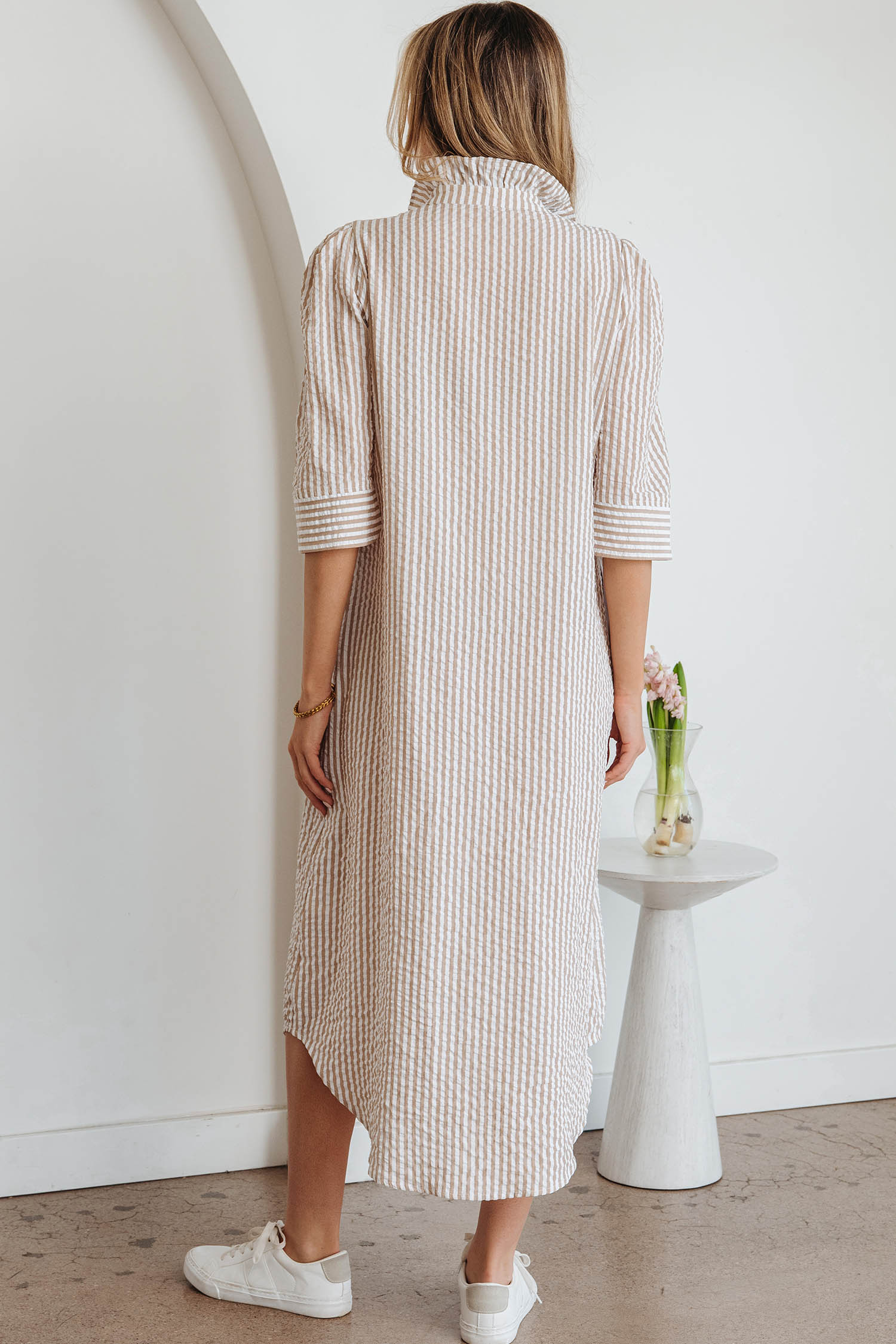 Khaki Stripe Frilled Collar Half Sleeve Shirt Maxi Dress - loveforevers