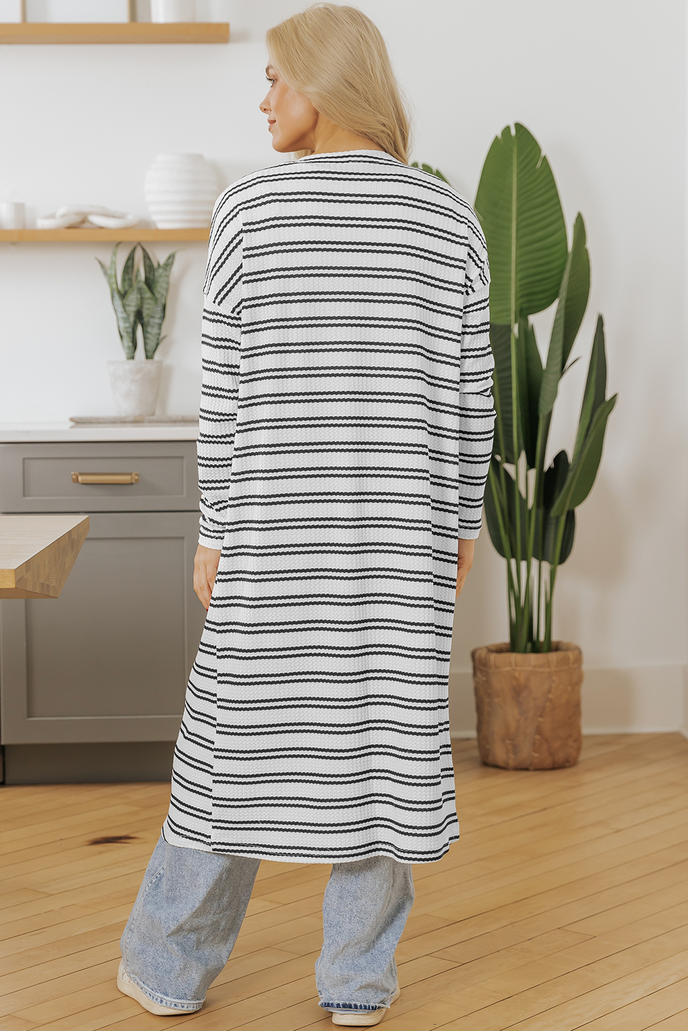 Black Stripe Print Open Front Duster Cardigan - loveforevers
