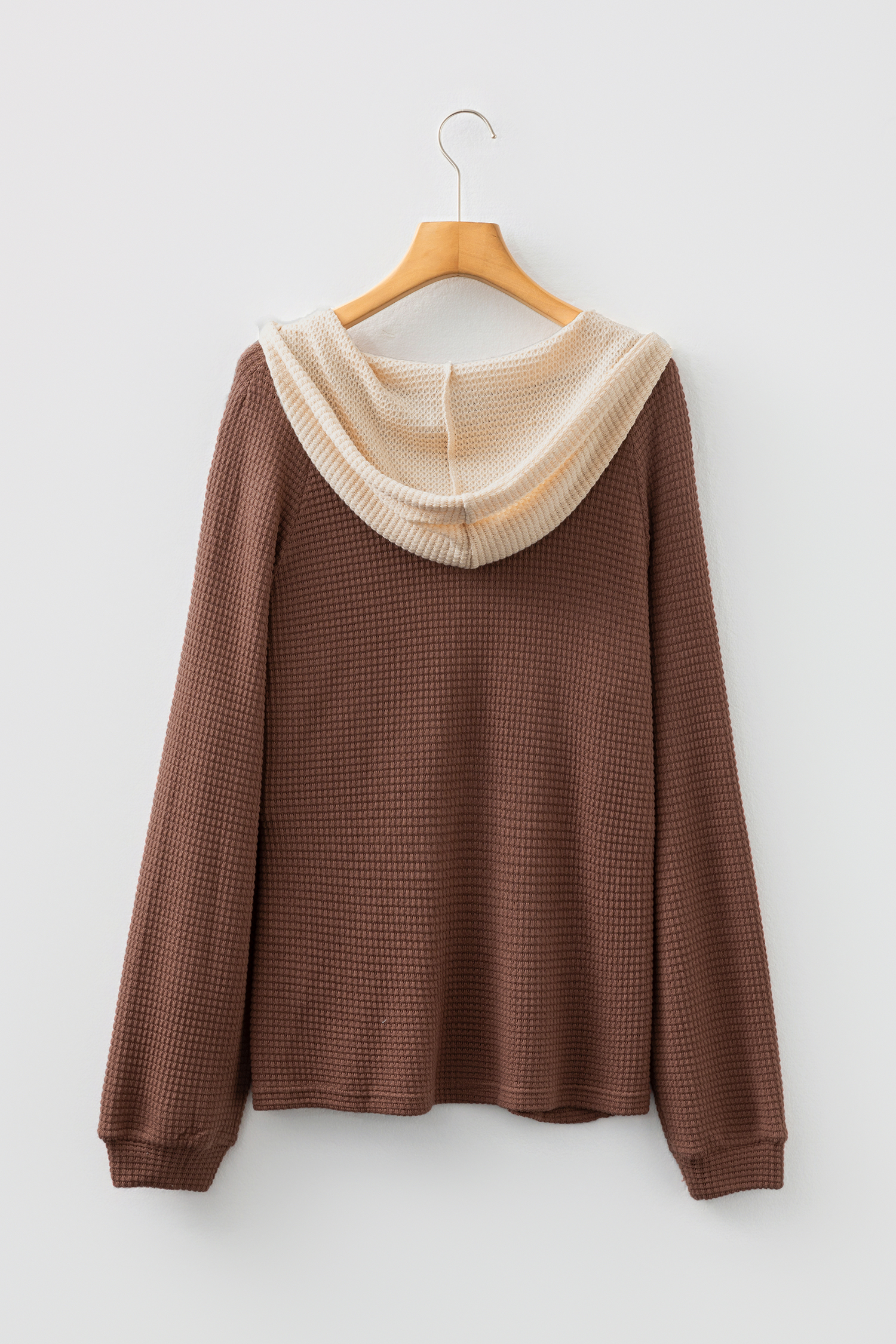 Coffee Waffle Contrast Half Buttoned Hooded Pullover Top - loveforevers