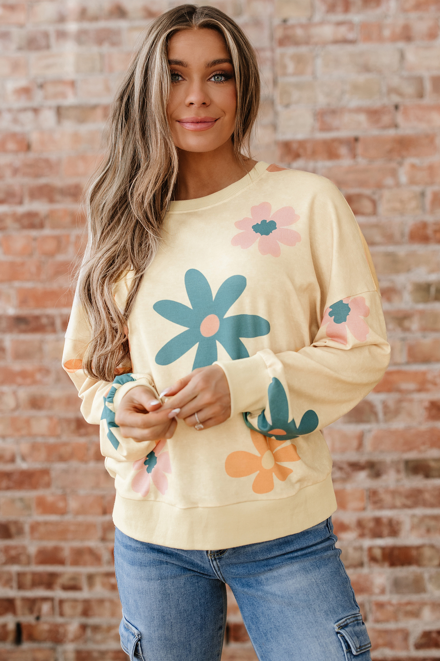 Khaki Mineral Washed French Terry Flower Print Sweatshirt - loveforevers
