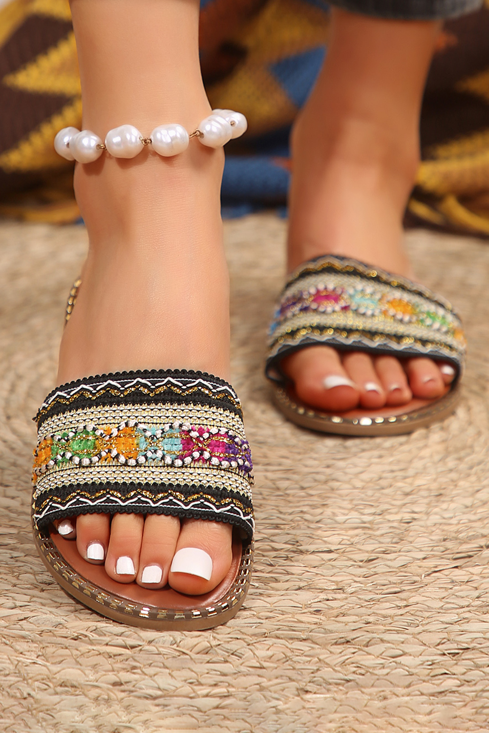 Chestnut Bohemian Pattern Crochet Faux Leather Beach Slippers - loveforevers