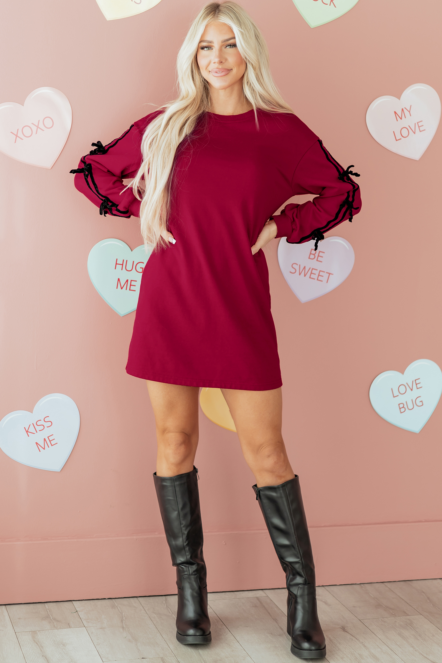 Racing Red Contrast Striped Bow Detail Drop Shoulder Sweatshirt Dress with Pockets - loveforevers