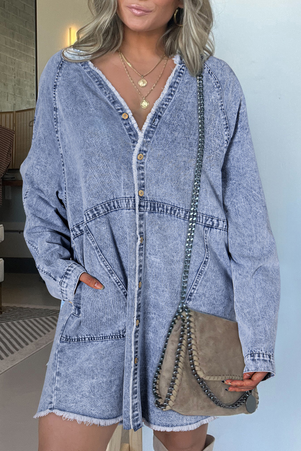 Beau Blue Mineral Wash Long Sleeve Button Up Raw Hem Pocketed Denim Dress - loveforevers