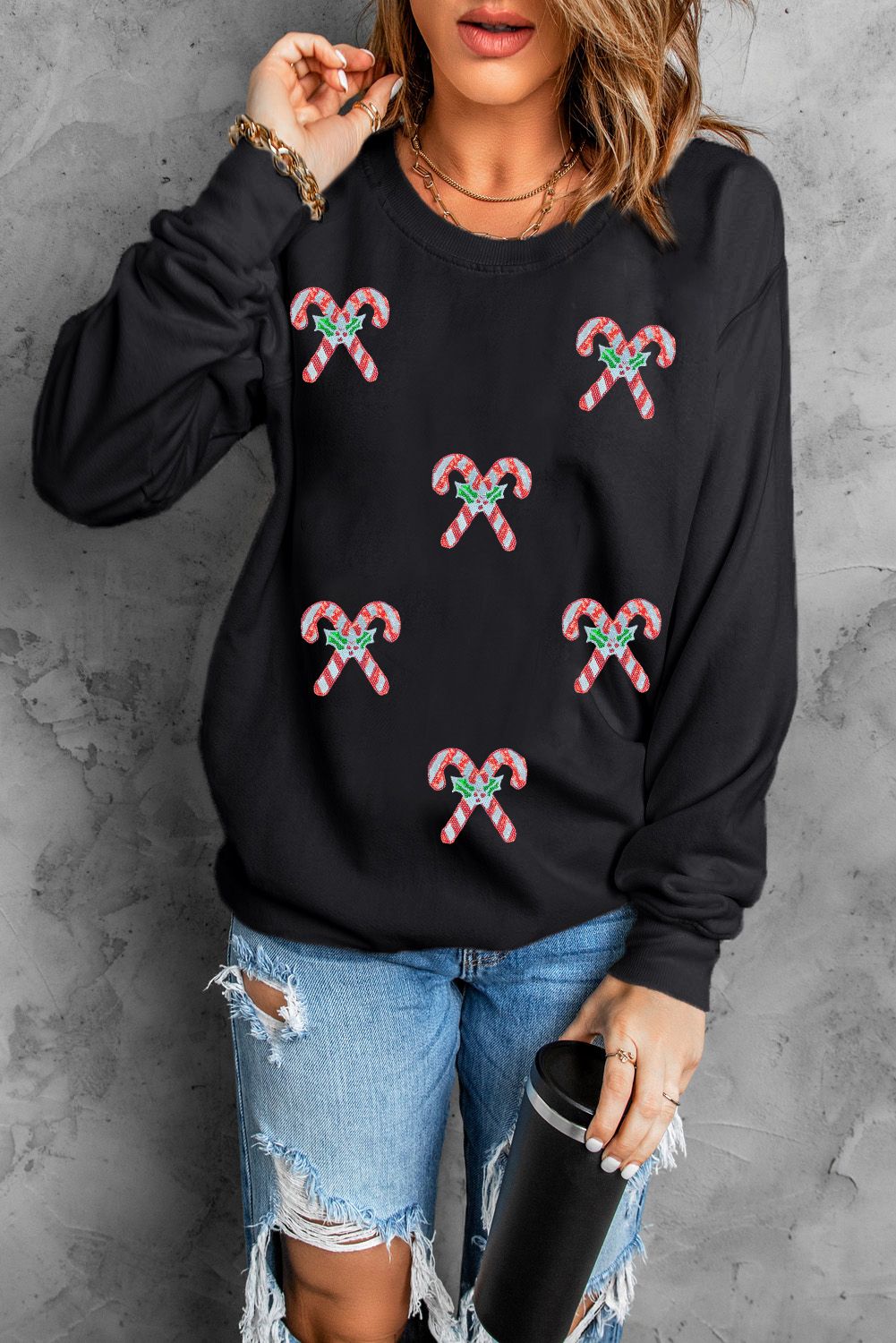 Black Candy Cane Patched Christmas Holiday Sweatshirt - loveforevers