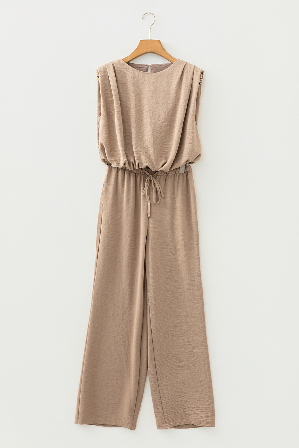 Pale Khaki Solid Color Keyhole Puffy Tank Drawstring Loose Pants 2pcs Outfit - loveforevers