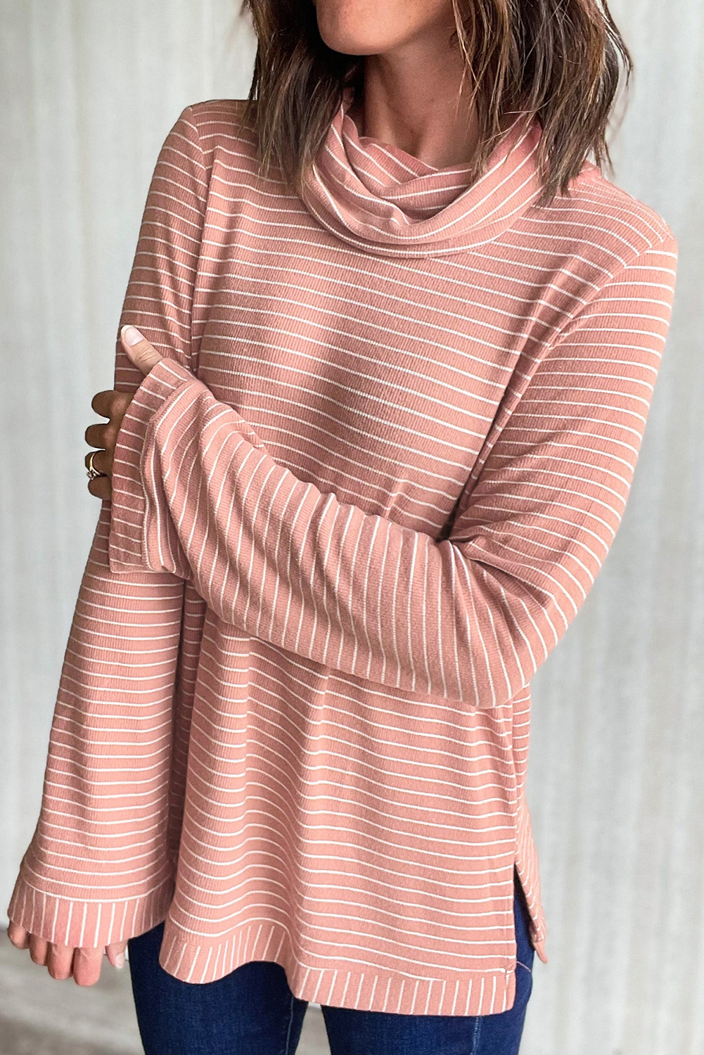 Pink Stripe Cowl Neck Side Slits Loose Fit Long Sleeve Top - loveforevers