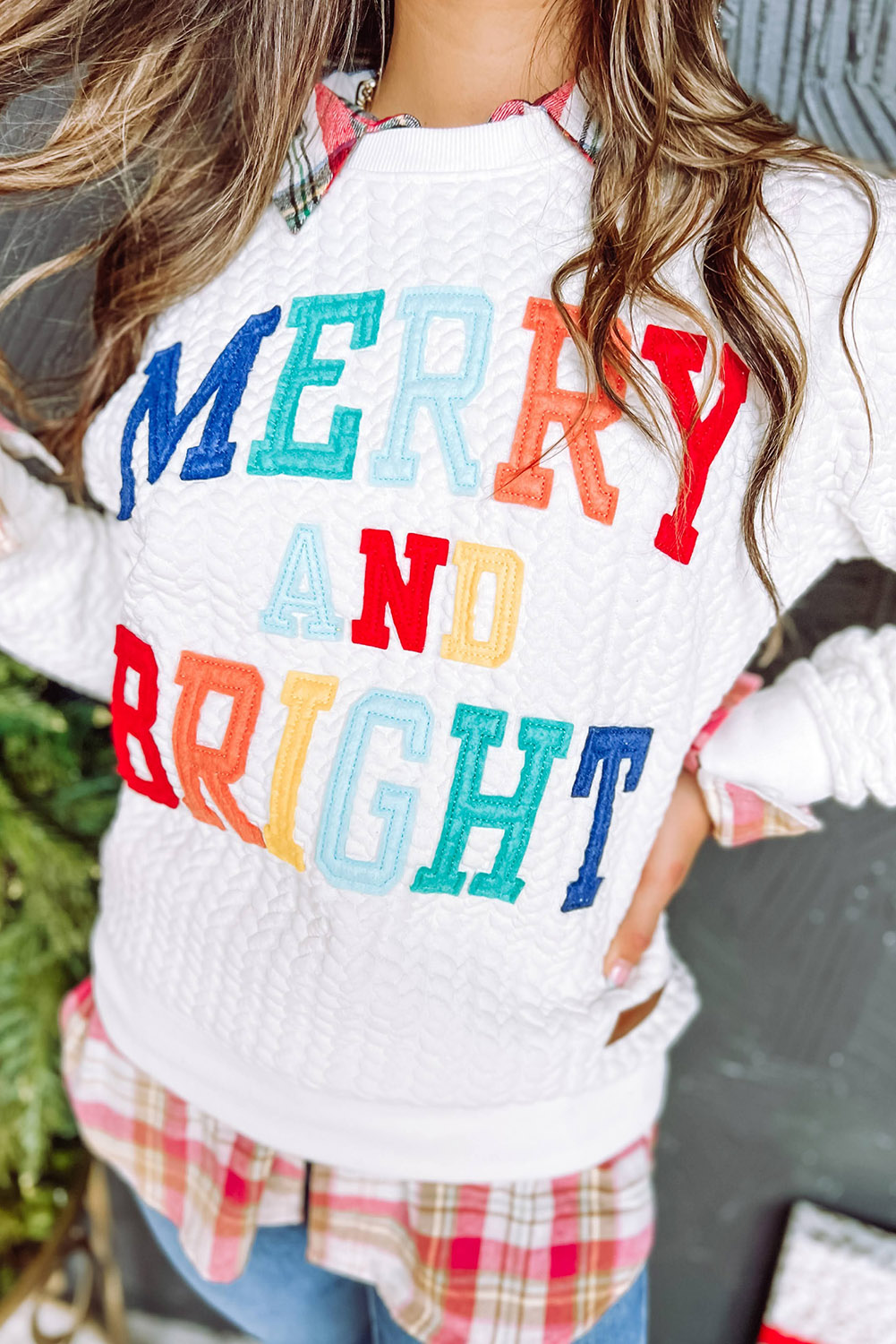 White LOVE Chenille Embroidered Cable Knit Pullover Sweatshirt - loveforevers