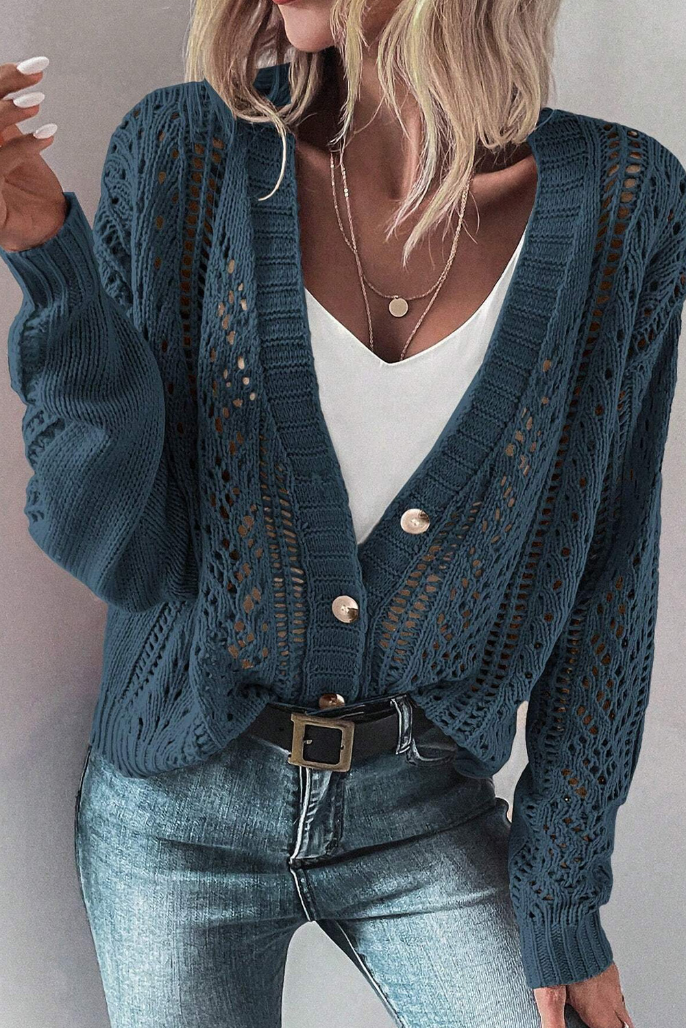 Dark Khaki Open Knit Drop Shoulder Sweater Cardigan - loveforevers