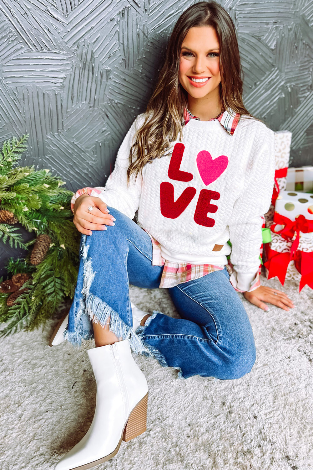White LOVE Chenille Embroidered Cable Knit Pullover Sweatshirt - loveforevers