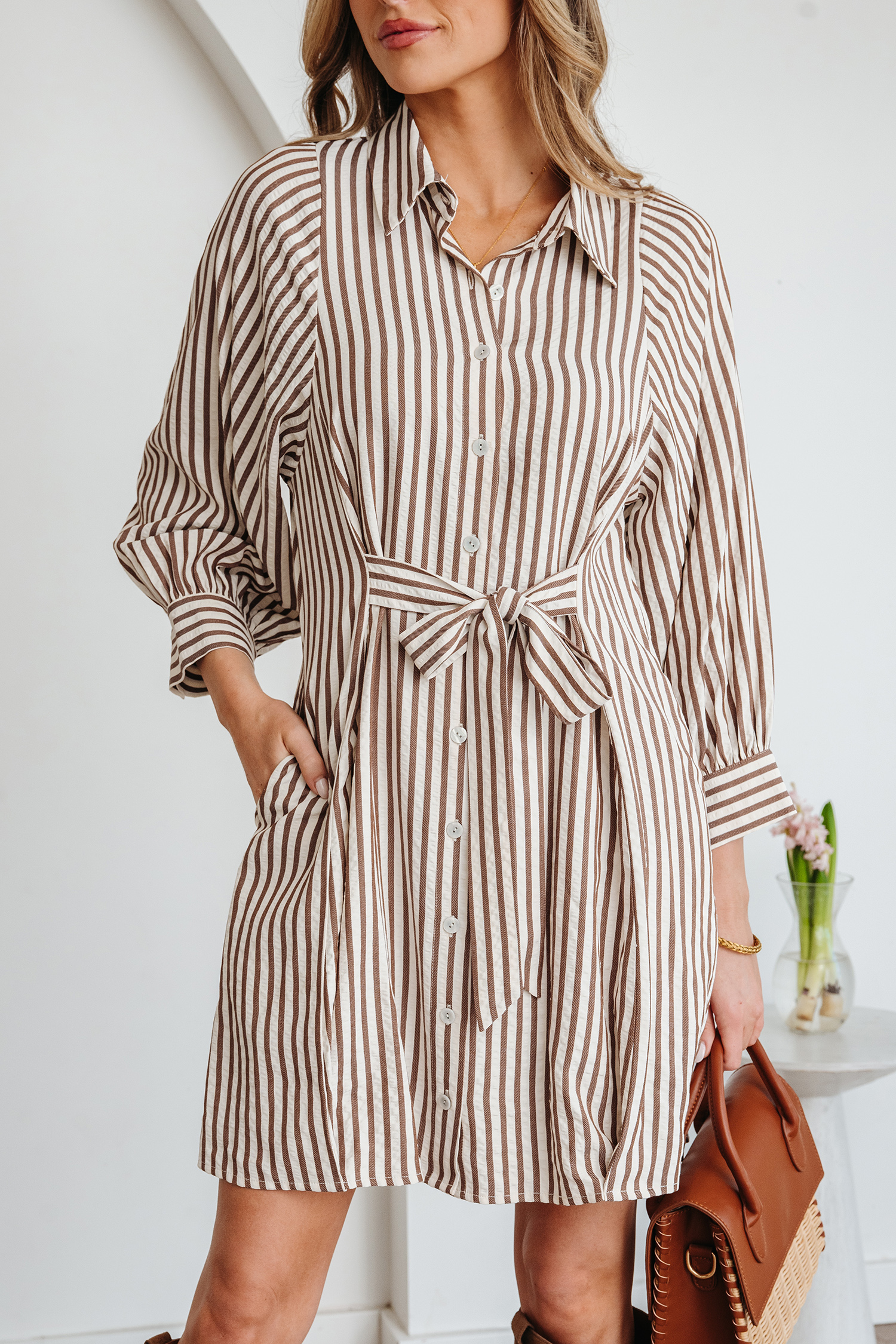 Brown Stripe Knot Waist Puff Sleeve Button Down Mini Shirt Dress - loveforevers