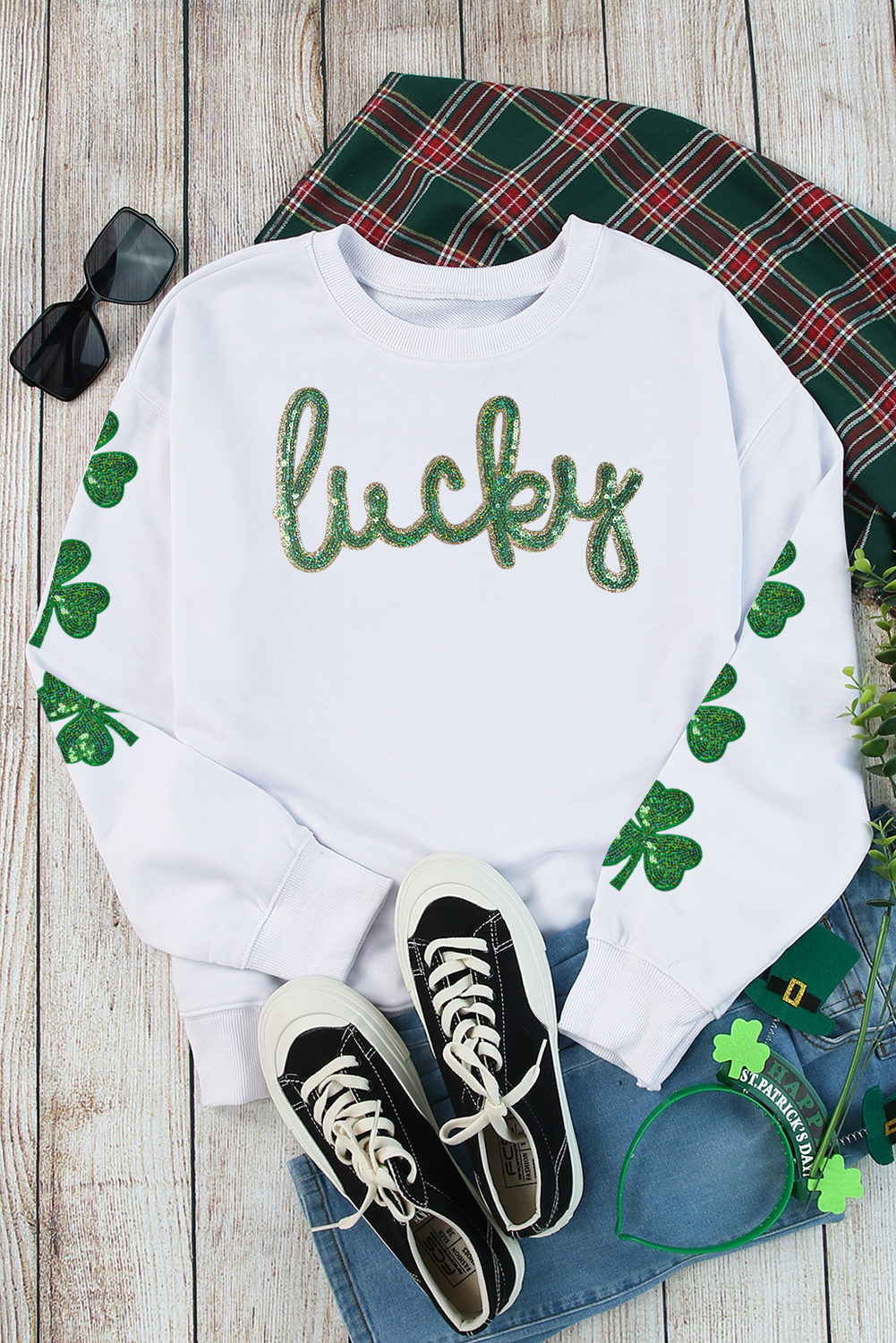 White Sequin lucky Lettering Clover Patched Sleeve Drop Shoulder Sweatshirt - loveforevers