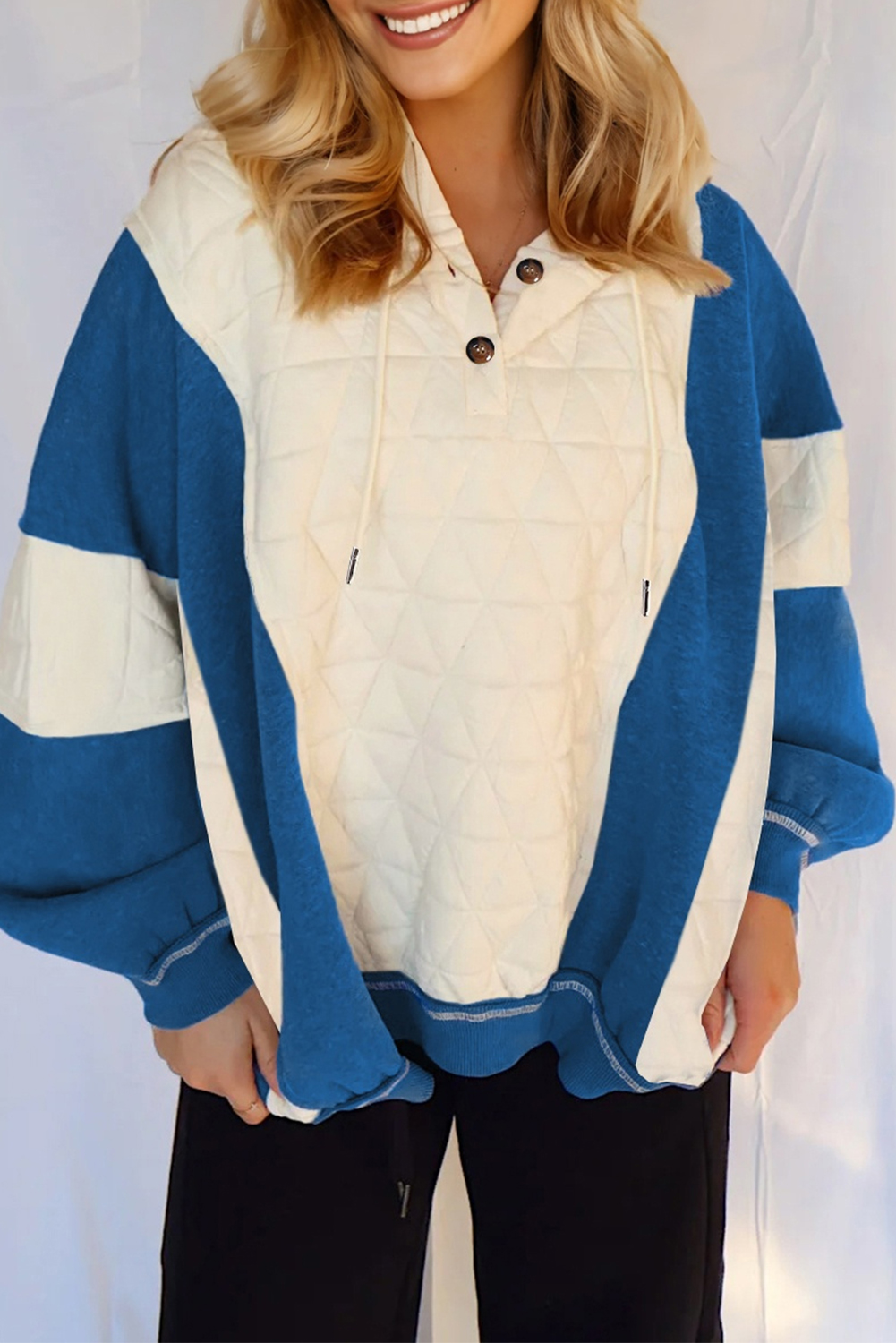 White Quilted Fleece Color Block Patchwork Oversize Hoodie - loveforevers