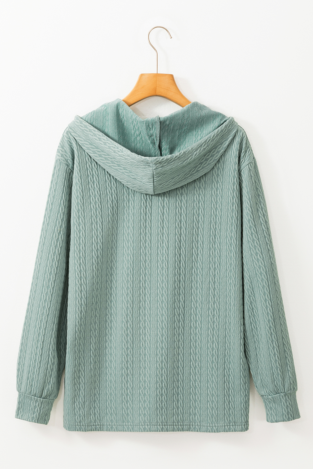 Mint Green Button Front Textured Drawstring Hooded Long Sleeve Top - loveforevers