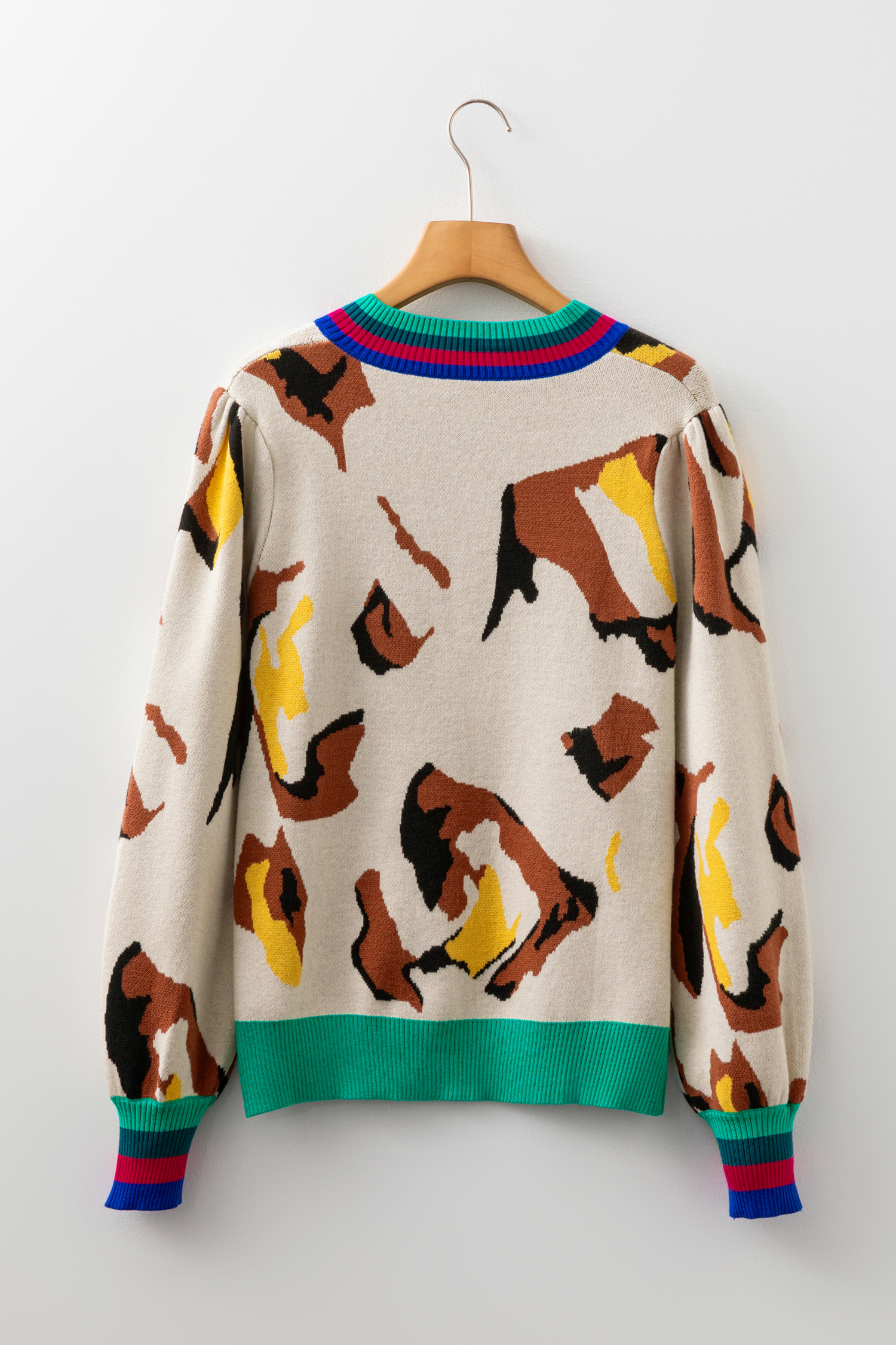 Apricot Contrast Ribbed Stripes Detail Animal Pattern Knit Sweater - loveforevers