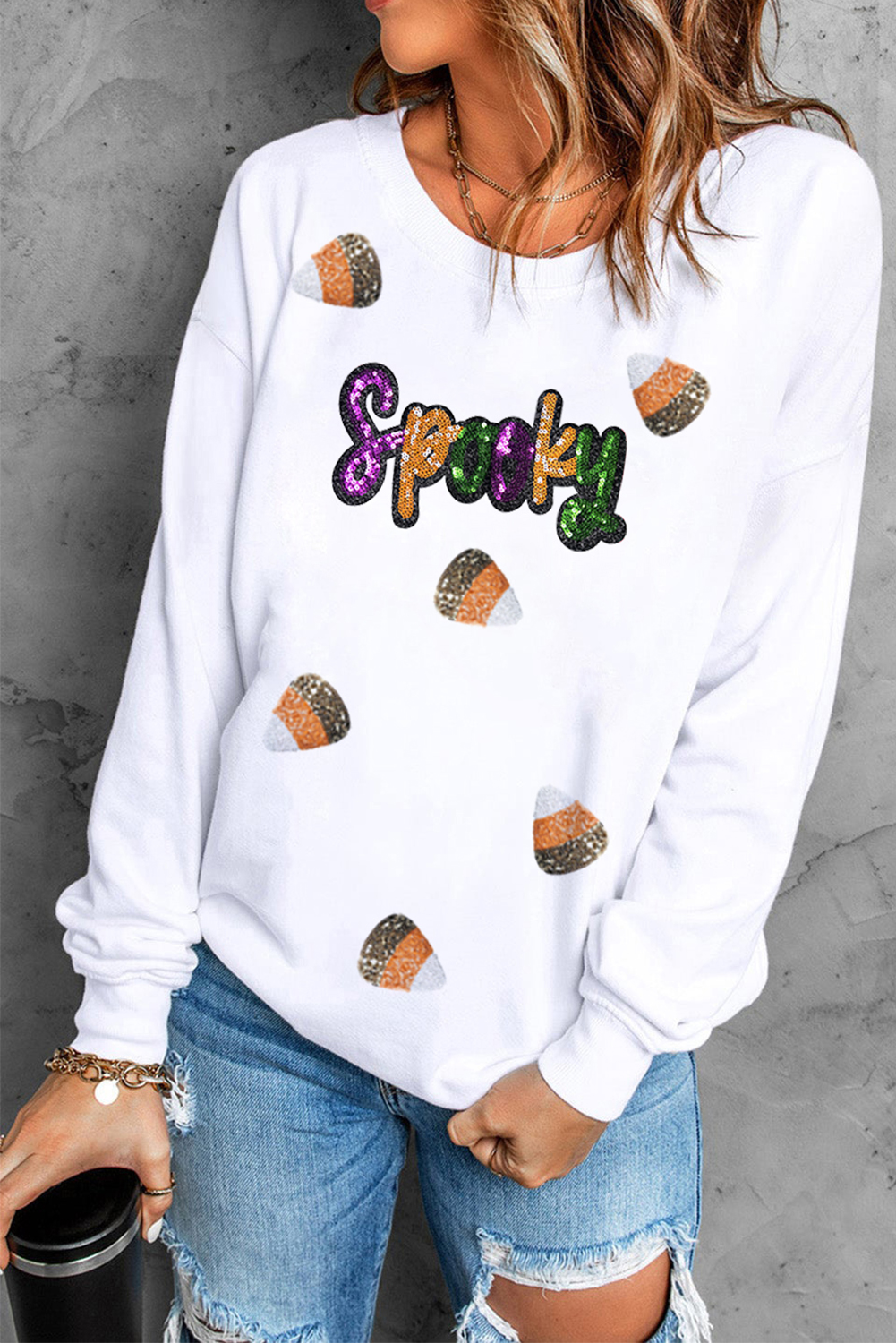White Sequin Spooky Halloween Spirit Print Casual Sweatshirt - loveforevers