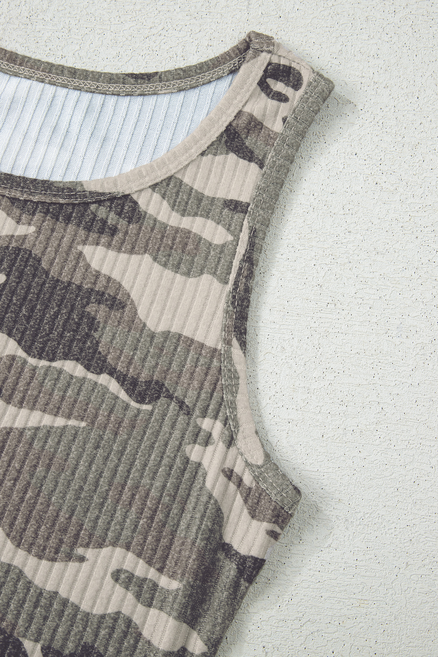 Gray Camouflage Print Ribbed Knit Round Neck Tank Top - loveforevers