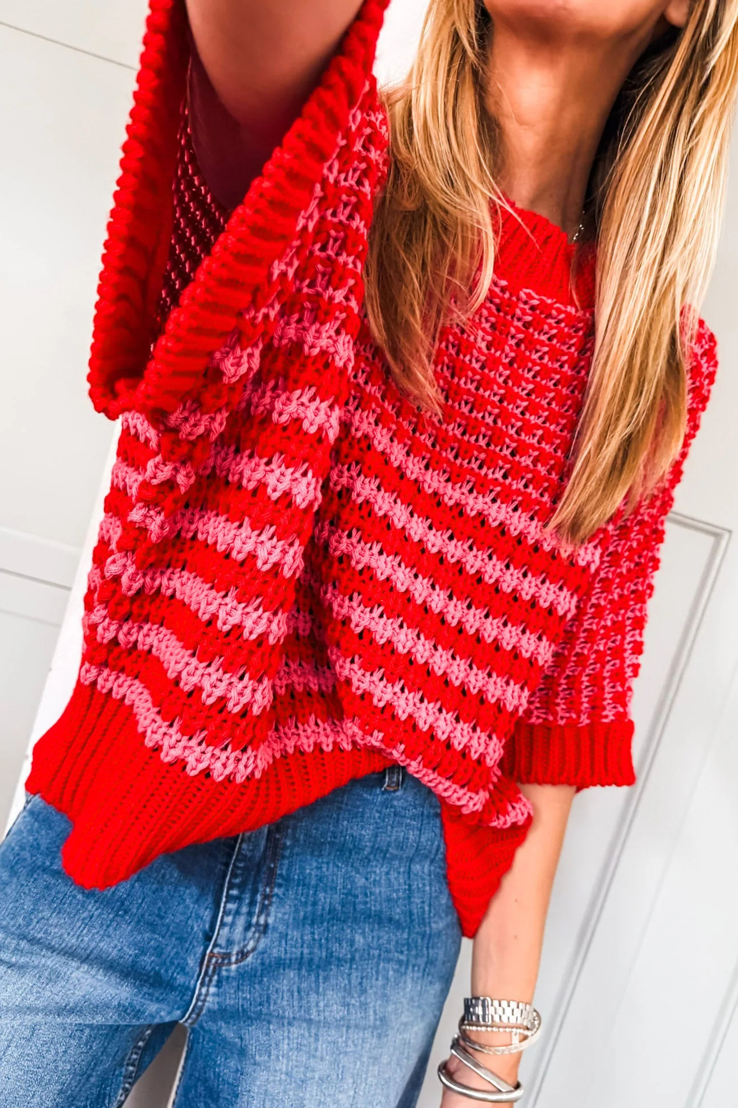 Black Stripe 3/4 Draped Sleeve Slouchy Sweater - loveforevers